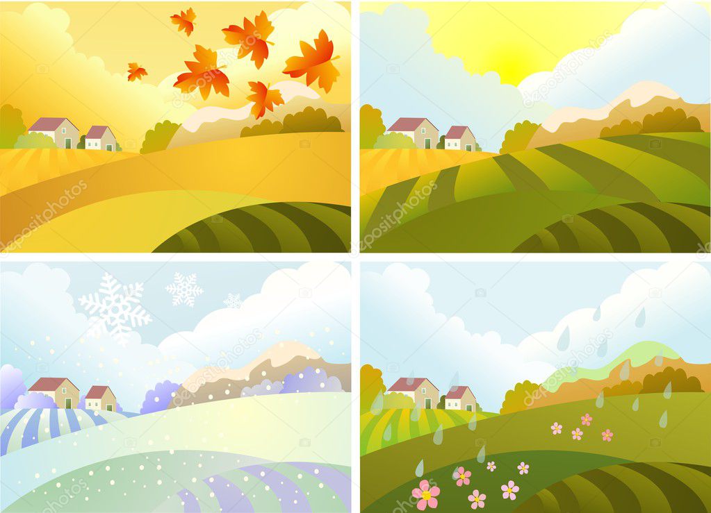 Illustration of four season: winter, spring, summer, autumn