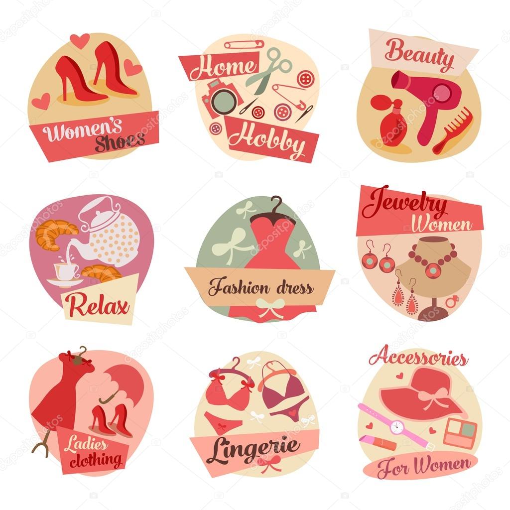 Fashion vector icons set. 9 themed icons about fashion and female life
