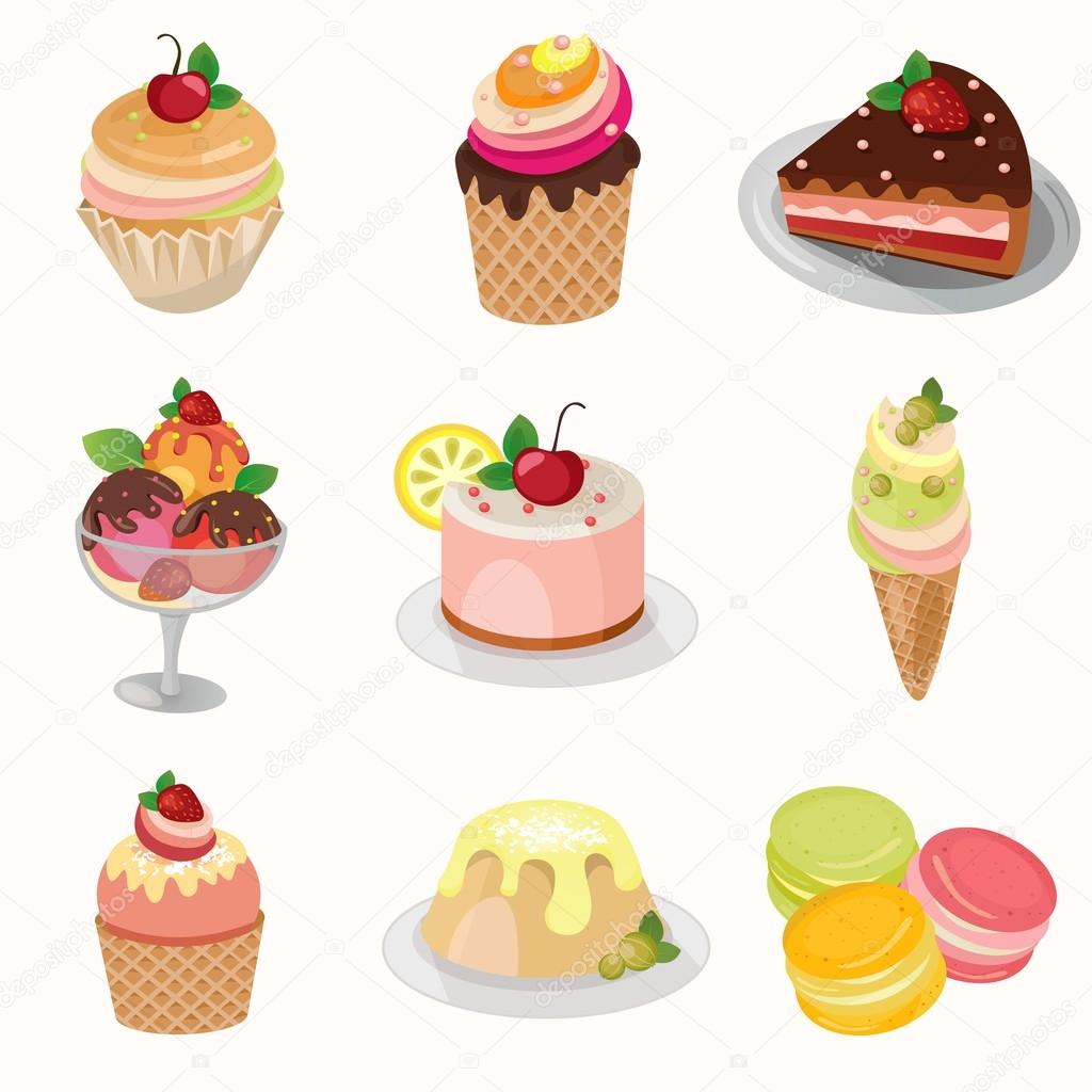 Set of different desserts. Three kinds of ice cream with fruit, pudding, a slice of cake and pies of different colors