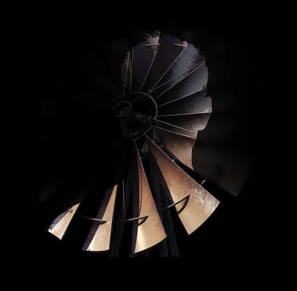 Silhueta de exposição dupla de pessoa e moinho de vento 3D renderizado — Fotografia de Stock