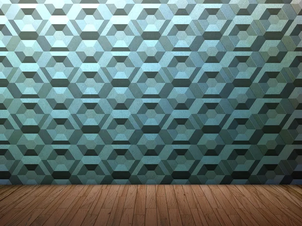 Cameră goală curată cu podele din lemn și perete texturat hexagon — Fotografie, imagine de stoc