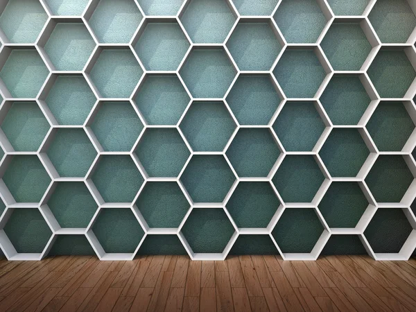 Clean empty room with wooden floors and textured wall an hexagon shaped shelves — Stock Photo, Image