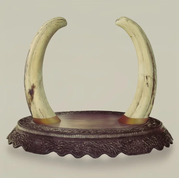 Tusks em um pedestal de madeira esculpida — Fotografia de Stock