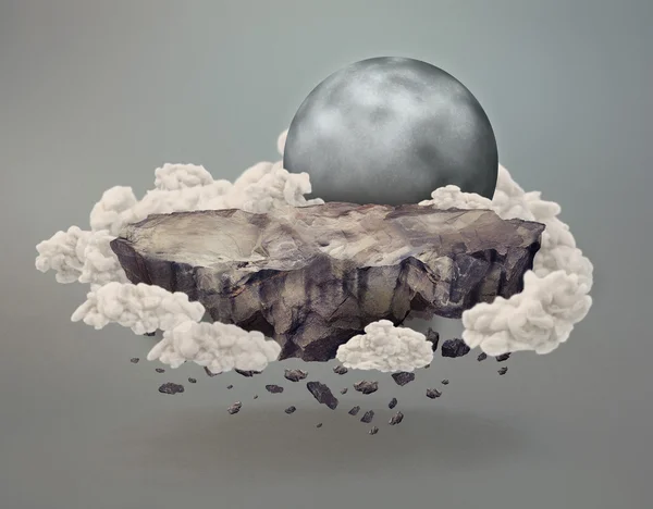 Floating Rock Island with a Moon Surrounded by Clouds — Stock Photo, Image