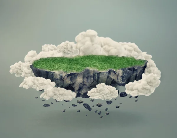 Île rocheuse flottante avec herbe et nuages — Photo