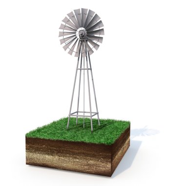 Metallic windmill on an isolated grassy land clipart