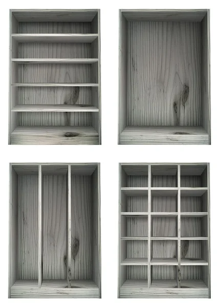 Étagères en bois lavées blanches isolées dans différentes configurations — Photo