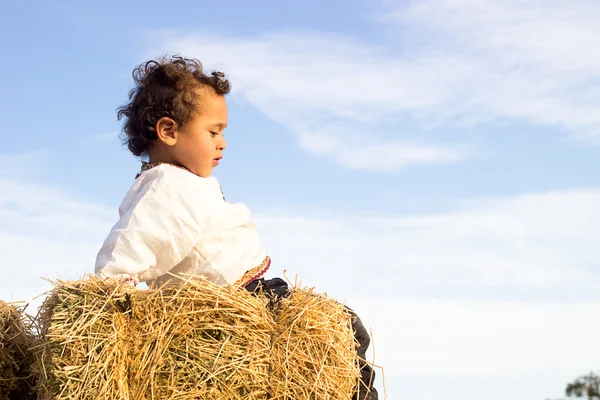 Ребенок играет в стоге сена . — стоковое фото