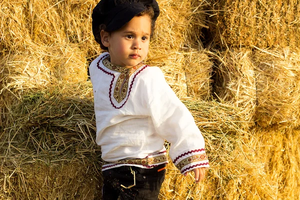 Dítě hrající v kupce sena. — Stock fotografie