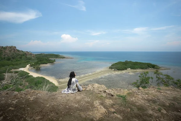 Young Traveler Girl Sits Edge Hill Balanan Beach Enjoys Beautiful Royalty Free Stock Photos