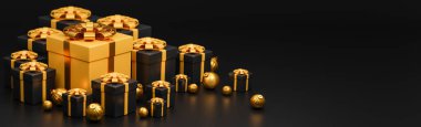 Mutlu Noeller ve mutlu yeni yıl afişleri, gerçek altın ve siyah hediye kutuları, 3D model ve illüstrasyon..