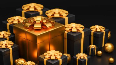 Mutlu Noeller ve mutlu yeni yıl afişleri, gerçek altın ve siyah hediye kutuları, 3D model ve illüstrasyon..