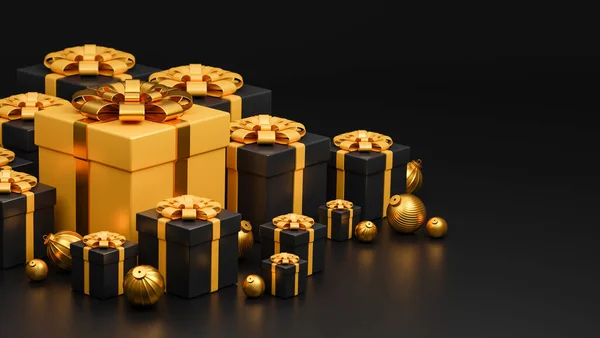 メリークリスマスとハッピーニューイヤーバナー高級スタイル 黄金のクリスマスボールと現実的な金と黒のギフトボックス 3Dモデルとイラスト — ストック写真