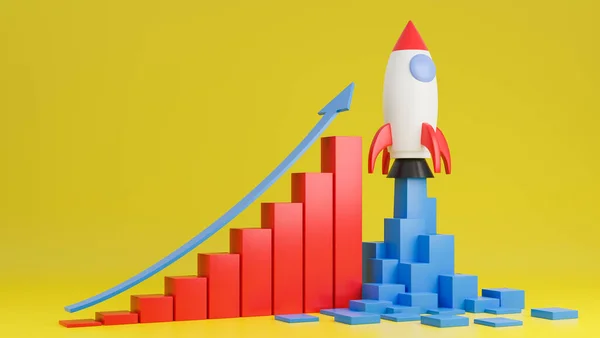 Rocket ship flies up with finance graph chart on yellow background.Business startup concept.3d model and illustration.