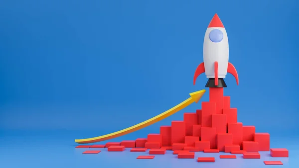 Rocket ship flies up with finance graph chart on blue background.Business startup concept.3d model and illustration.