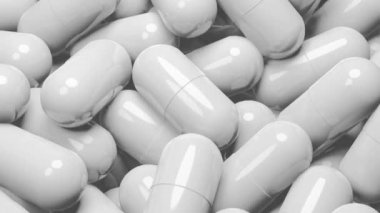 Birçok beyaz hap kapsülünü kapatın. İlaç ve eczane konsepti, 3 boyutlu animasyon..