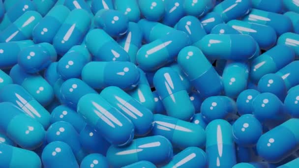 Zamknij wiele niebieskich kapsułek tabletek. Koncepcja medycyny i farmacji., Animacja 3D. — Wideo stockowe
