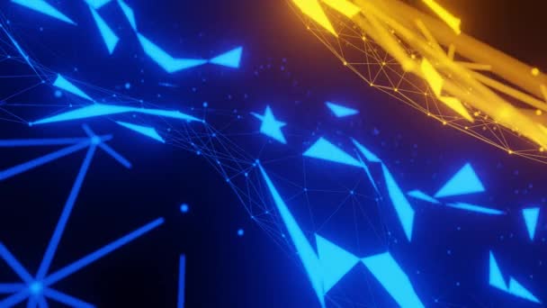 Plexo abstracto Azul digital y naranja Triangulación de onda de color Forma el movimiento sobre el fondo abstracto de onda y luz. Antecedentes cibernéticos y tecnológicos., Animación 3D. — Vídeo de stock