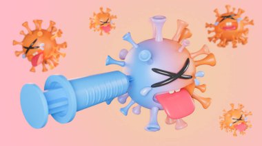 Ağlayan sevimli turuncu ve mavi kolona virüsü karakteri pastel arka planda şırınga, kovid 19 aşısı, 3D model ve resimleme enjekte ediliyor..