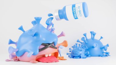 Aşı şişesi sıvıyı ağlayan tatlı turuncu ve mavi kolona virüsü karakterine akıtmış beyaz arka planda, covid-19 aşısı, 3D model ve resimleme..