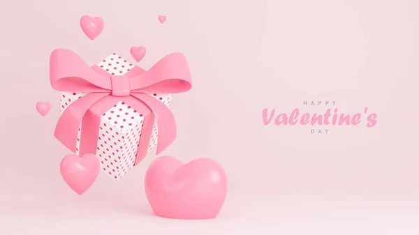 Щасливий День Валентинки Банер Подарунковою Коробкою Сердечками Єкти Рожевому Фоні — стокове фото