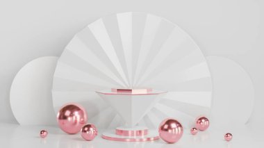 Beyaz konik sunum için beyaz arka plan lüks tarzı güllü altın rengi ile sunum., 3D model ve illüstrasyon.