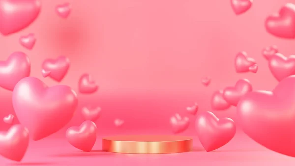 Золоте Коло Подіум Презентації Продукту Багатьма Сердечками Єктів Рожевому Фоні — стокове фото