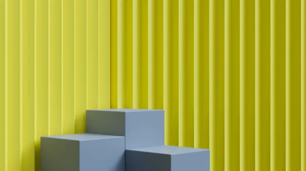 Grijs Vierkant Podium Voor Product Presentatie Gele Gekartelde Muur Achtergrond — Stockfoto