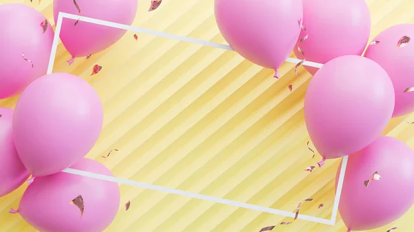 粉色气球漂浮在黄色的粉刷背景 生日派对和新年观念上 3D模型和说明 — 图库照片