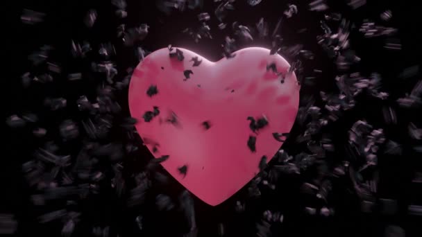 Анімація чорного серця розпадається шкірка всередині рожевого серця на чорному тлі. , 3d модель та ілюстрація . — стокове відео