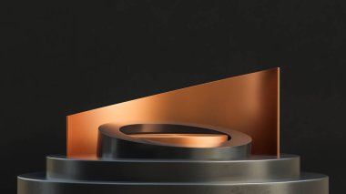 Siyah beton duvar arka plan lüks stili, 3D model ve illüstrasyon üzerine ürün sunumu için altın daire podyumu.