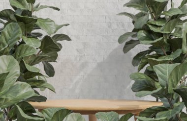Ürün sunumu için ahşap masa podyumu. Beyaz tuğlalı arka plan minimalist tarzı bitki, 3D model ve illüstrasyon..