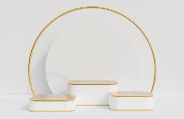 Beyaz duvar arkaplan lüks tarzı ürün sunumu için beyaz ve altın podyum., 3D model ve illüstrasyon.