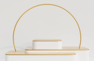 Beyaz duvar arkaplan lüks tarzı ürün sunumu için beyaz ve altın podyum., 3D model ve illüstrasyon.