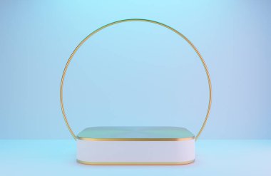 Ürün sunumu için beyaz ve altın podyum ve beyaz duvardaki altın kemer ışıklandırma arka plan lüks tarzı, 3D model ve illüstrasyon.