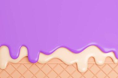 Yaban mersini ve vanilyalı dondurma, Wafer Background 'da eridi, 3D model ve illüstrasyon.