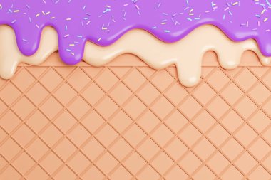 Yaban mersini ve vanilyalı dondurma Wafer Background 'da serpiştirilmiş, 3D model ve resimli..