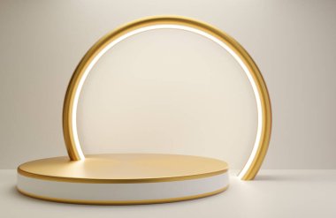 Beyaz duvar arkaplan lüks tarzı ürün sunumu için beyaz ve altın podyum., 3D model ve illüstrasyon.