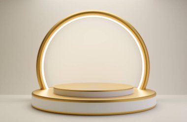 Beyaz duvar arkaplan lüks tarzı ürün sunumu için beyaz ve altın podyum., 3D model ve illüstrasyon.