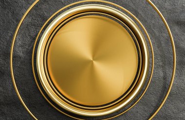 Altın levhayı ve kemeri siyah taş duvar zeminine, 3D model ve illüstrasyonla süsleyin..