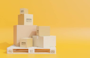 Tahta palette mal teslimatı için karton kutular, sarı arka planda paketler, 3D model ve illüstrasyon..