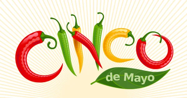 Cinco de Mayo lettering com pimentas vermelhas, verdes e amarelas Vetor De Stock