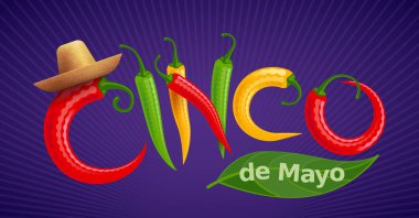 Cinco de Mayo lettering with red, green and yellow Chilli peppers clipart