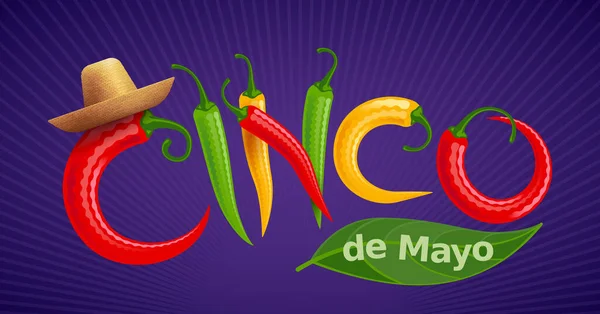 Cinco de Mayo belettering met rode, groene en gele chili pepers — Stockvector