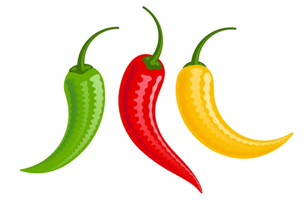 Ilustrasi vektor paprika Chilli merah, hijau dan kuning kartun diisolasi pada latar belakang putih - Stok Vektor