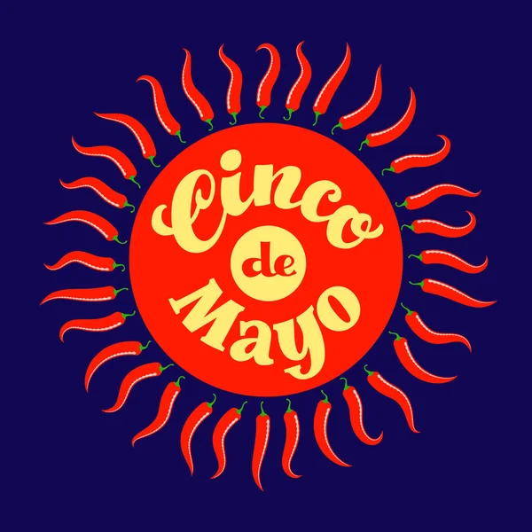 Cinco de Mayo tangan ditarik huruf dalam lingkaran merah dengan Chilli paprika seperti sinar matahari - Stok Vektor