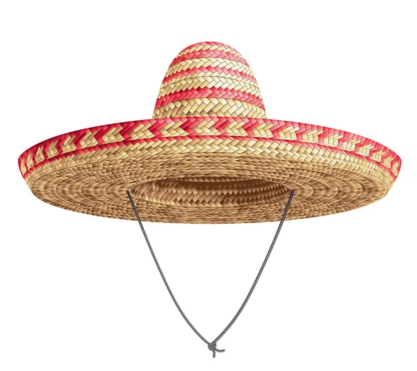 Topi Pembuka Jerami Musim Panas yang realistis seperti Sombrero Meksiko di Tampilan Depan - Stok Vektor