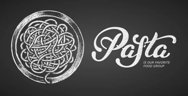 Pasta elegant handskriven vektor bokstäver isolerad på svart bakgrund med krita platta av pasta — Stock vektor