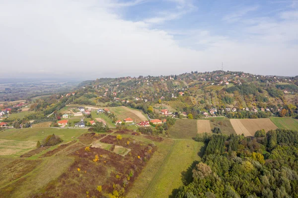 Drohnenbild Des Bezirks Csacs Einem Nebligen Herbstmorgen Der Stadt Zalaegerszeg — Stockfoto