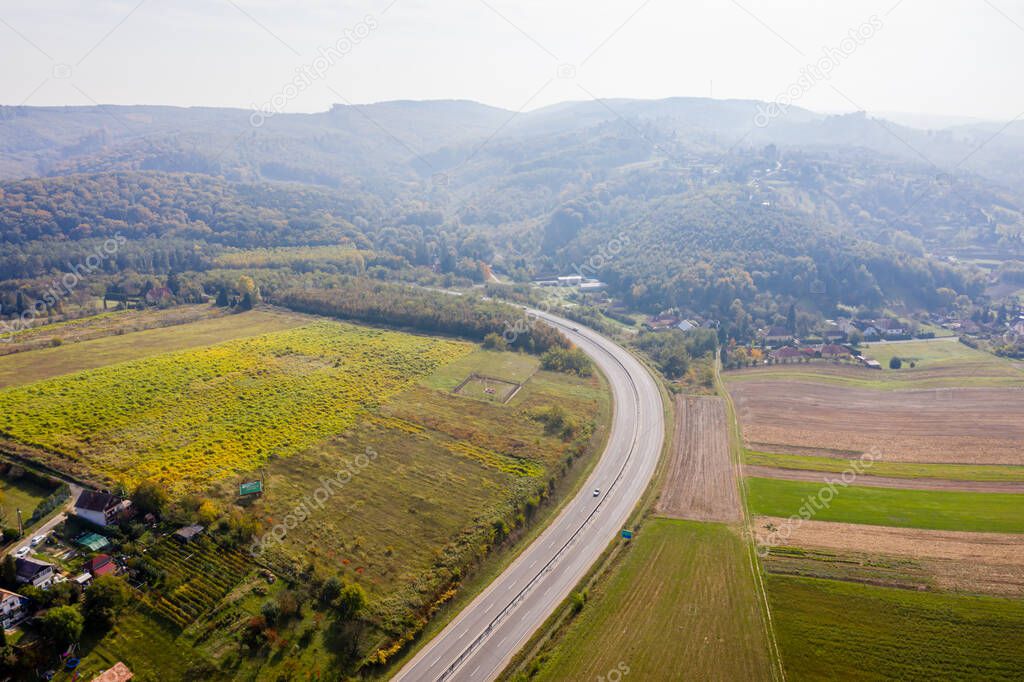 Drone photo of the road leading to City Zalaegerszeg from West, Hungary